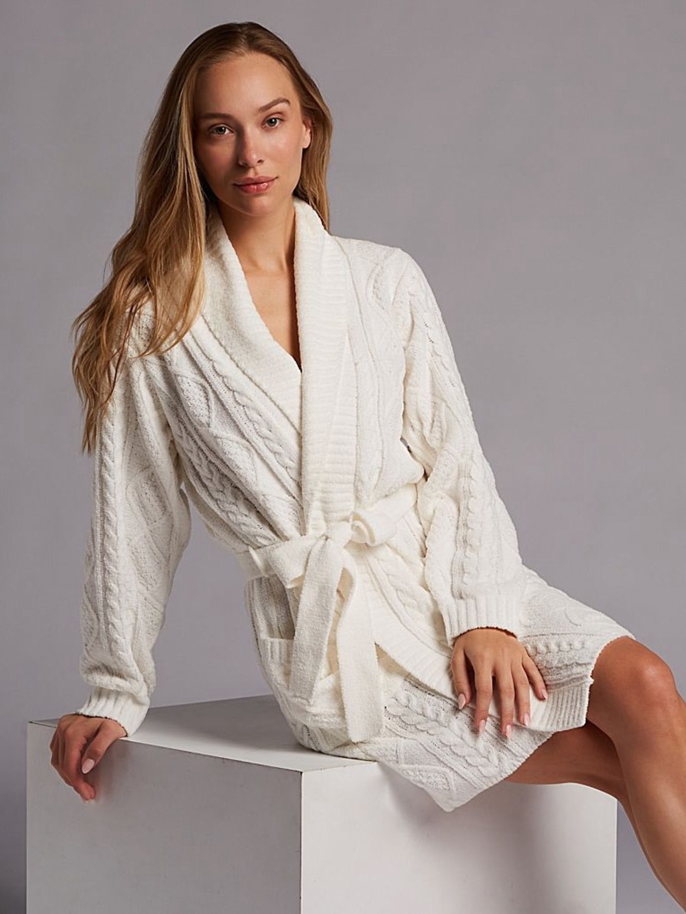 PJ Salvage Chenille Cable Knit Robe Ivory Belted NWOT Large